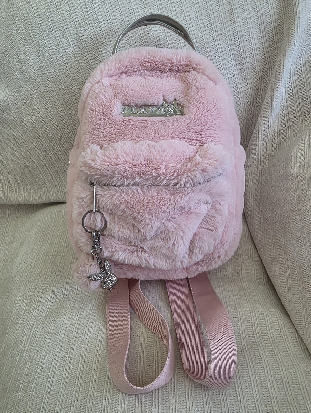 PLAYBOY Pink Plush Mini Backpack with Bee Keychain